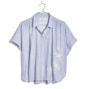 Madewell Blue Striped Top with White Floral Embroidery